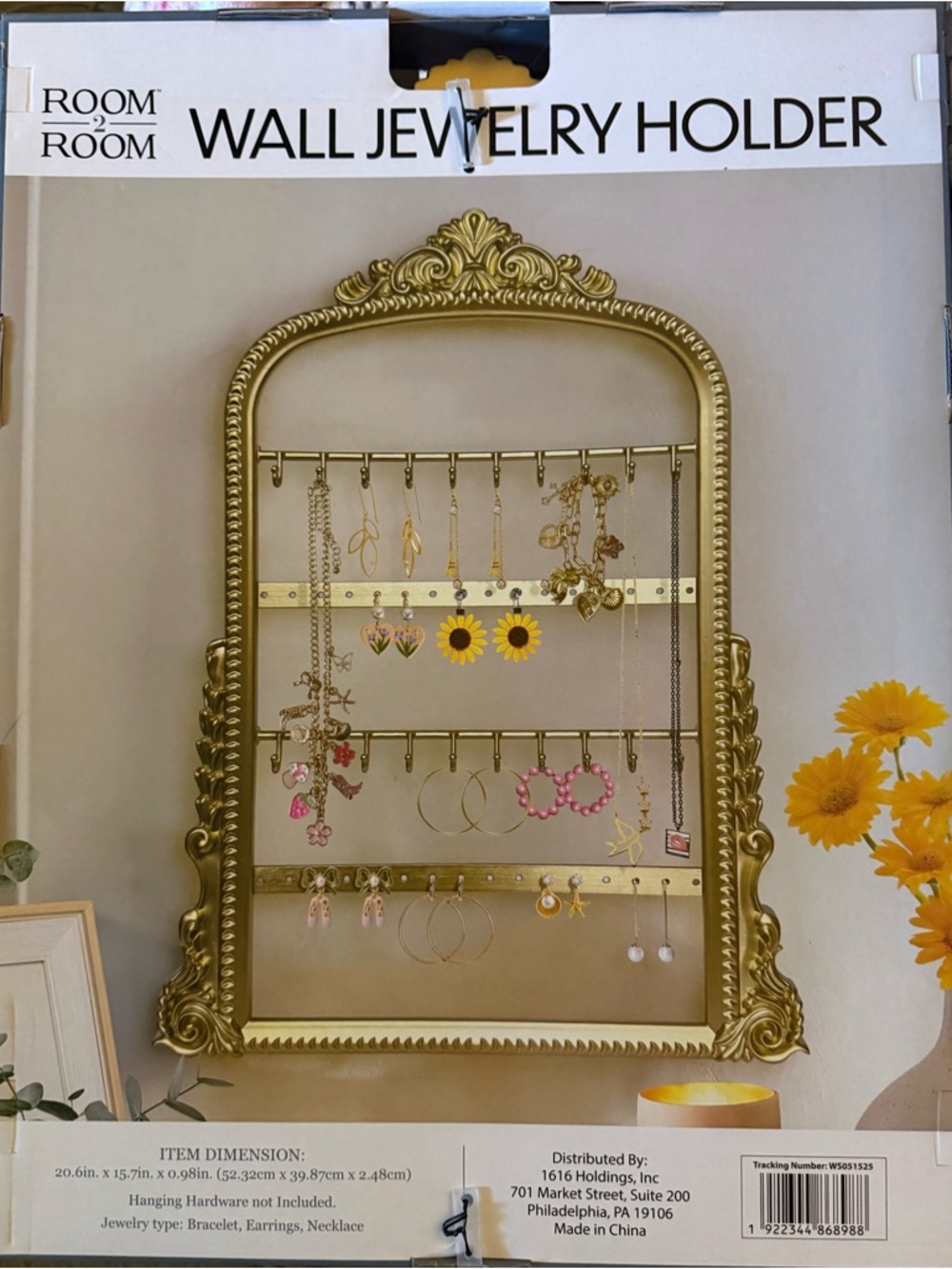 Room2Room Gold Wall Jewelry Holder